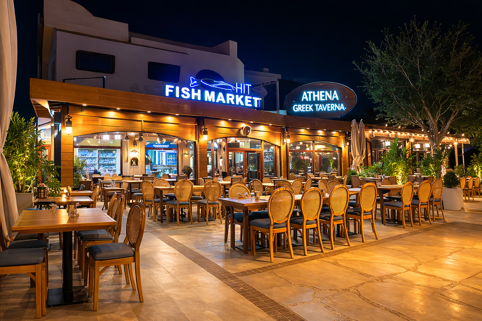 Inviting seafood market at night