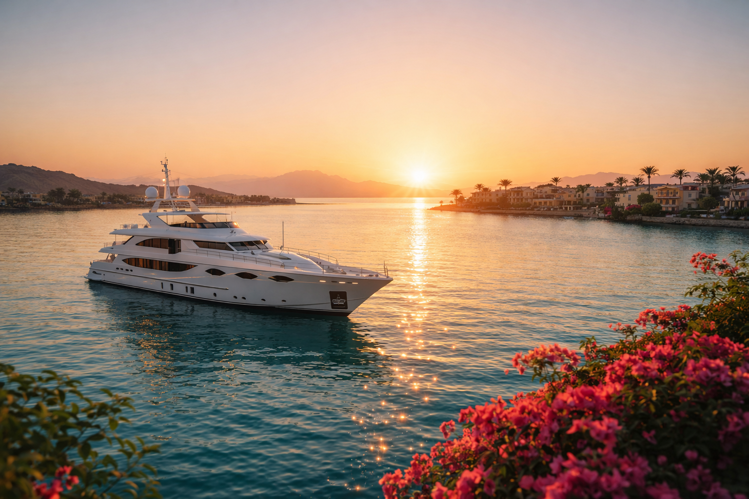 Luxury yacht at El Gouna sunrise