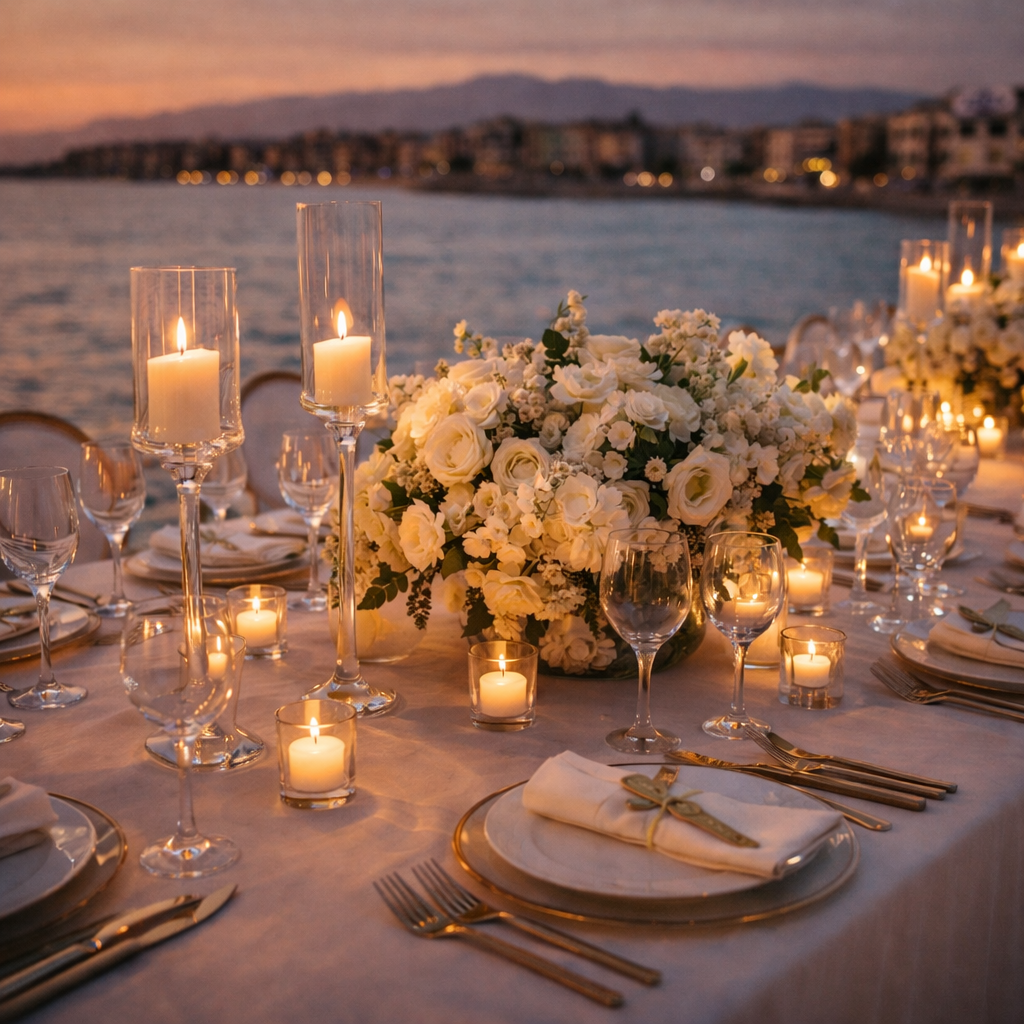 Twilight beach wedding reception setup 1