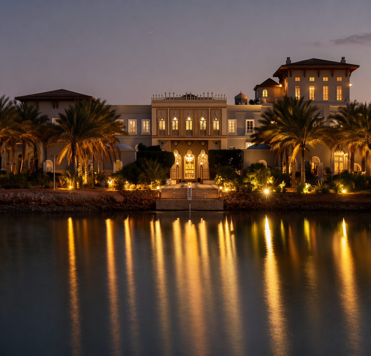 Luxurious waterfront villa at dusk