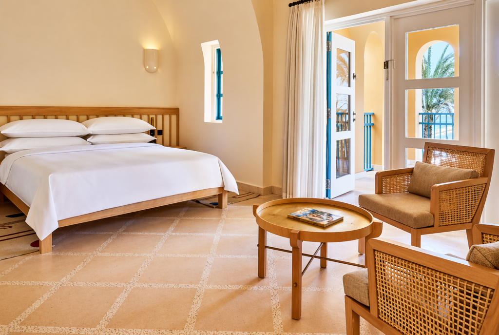 Mediterranean resort bedroom with ocean view