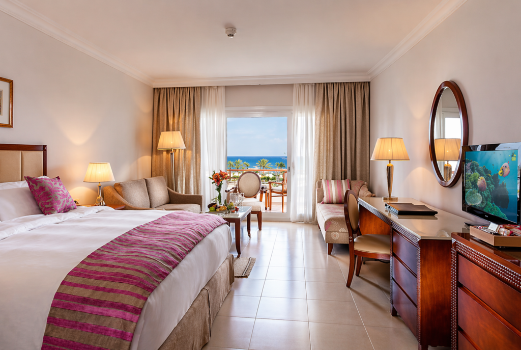 Oceanview hotel suite with cozy decor