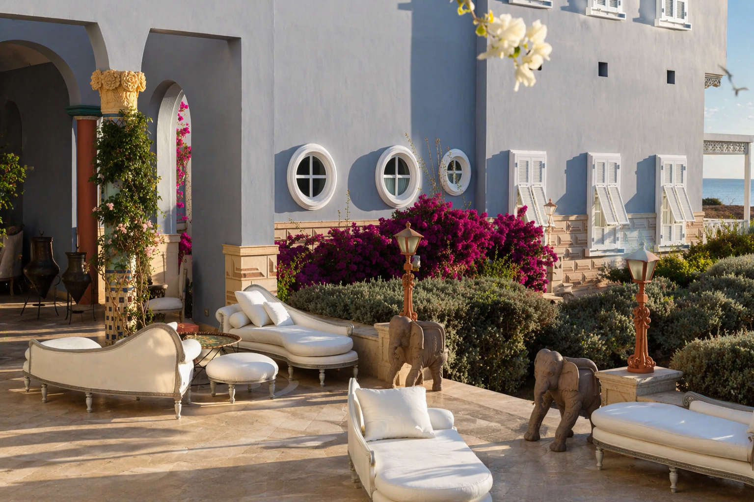 Sunlit Mediterranean terrace with elegant design