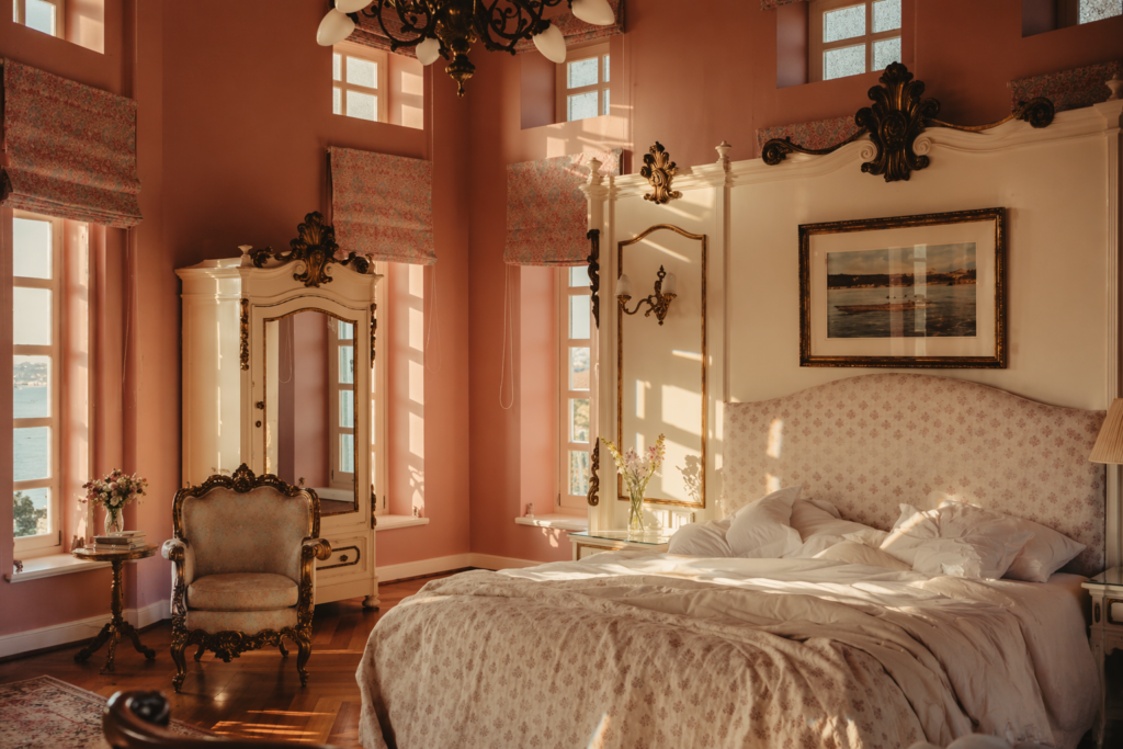 Sunlit vintage bedroom with floral accents