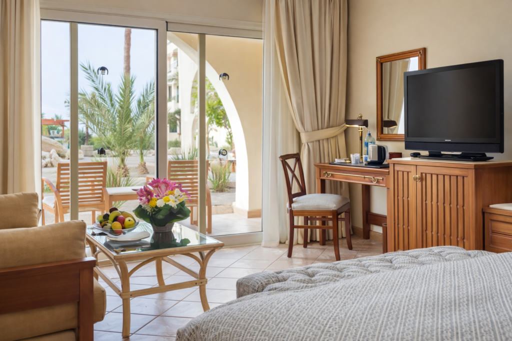 Sunny hotel room with garden view