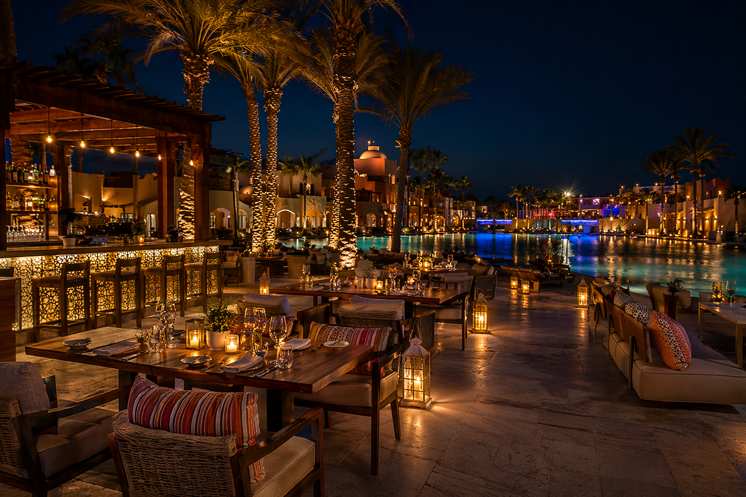 Tropical resort dining by the water