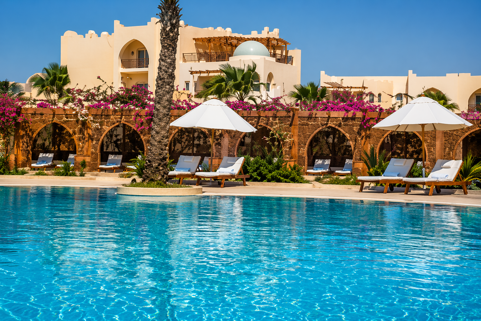 Tropical resort oasis with pool and arches