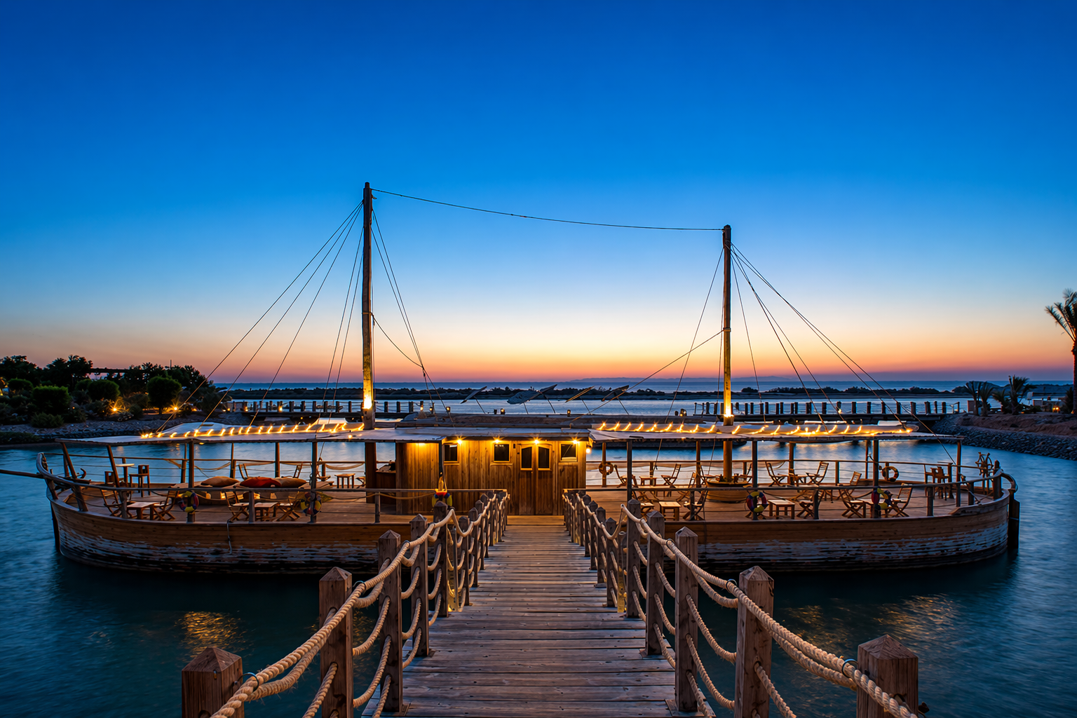 Twilight harbor dock with sunset glow